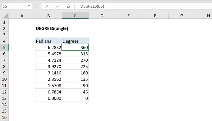 Excel radians function - convert angle to radians