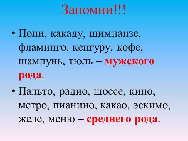 Какого рода слова: пальто, тюль, фланель, фламинго, кенгуру, пони, метро, эскимо, такси.