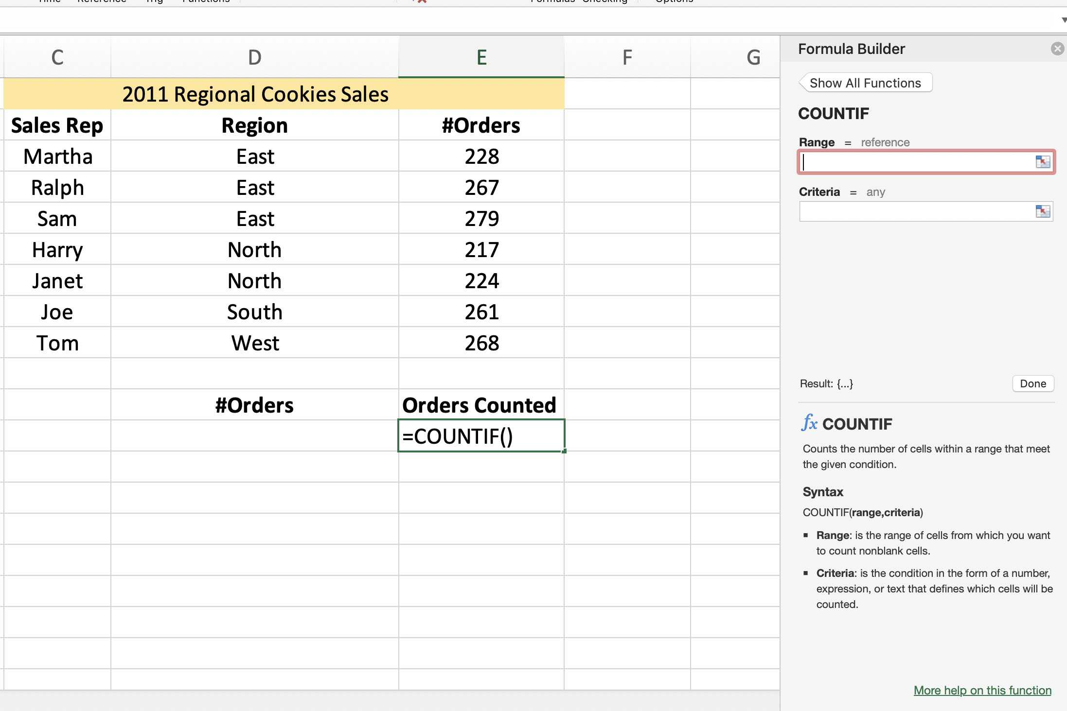 How to use the countifs google sheets function