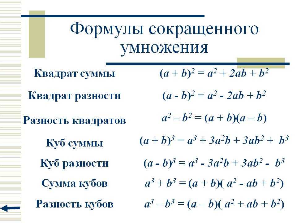 Формулы сокращенного умножения - учебник